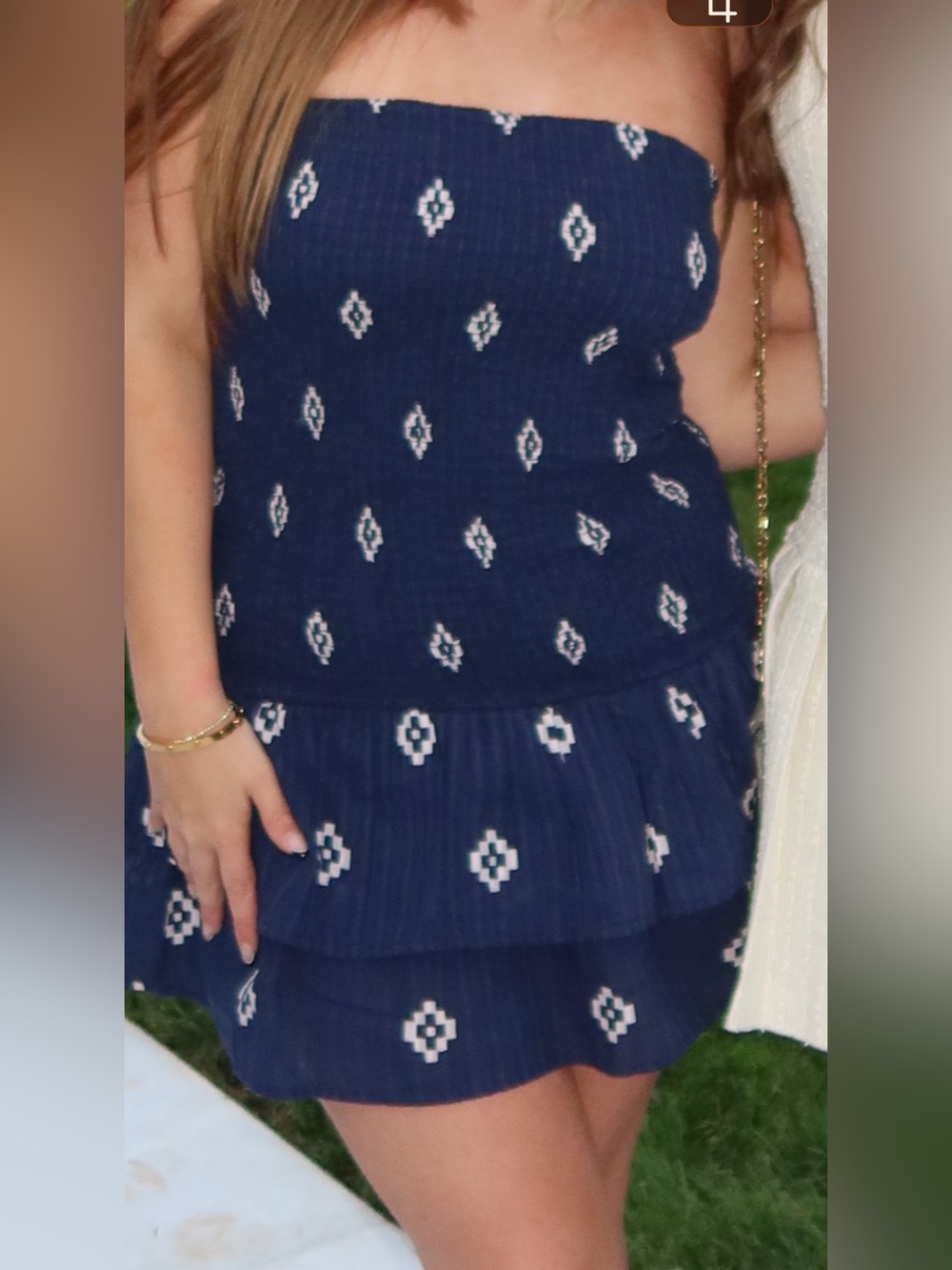 Navy Blue Smocked Strapless Mini Dress with White Diamond Print